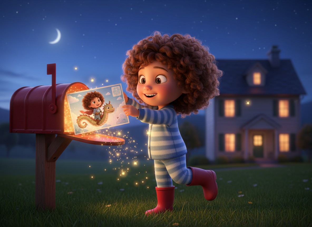 Un enfant qui sort de la boîte aux lettres une carte postale lumineuse à son effigie